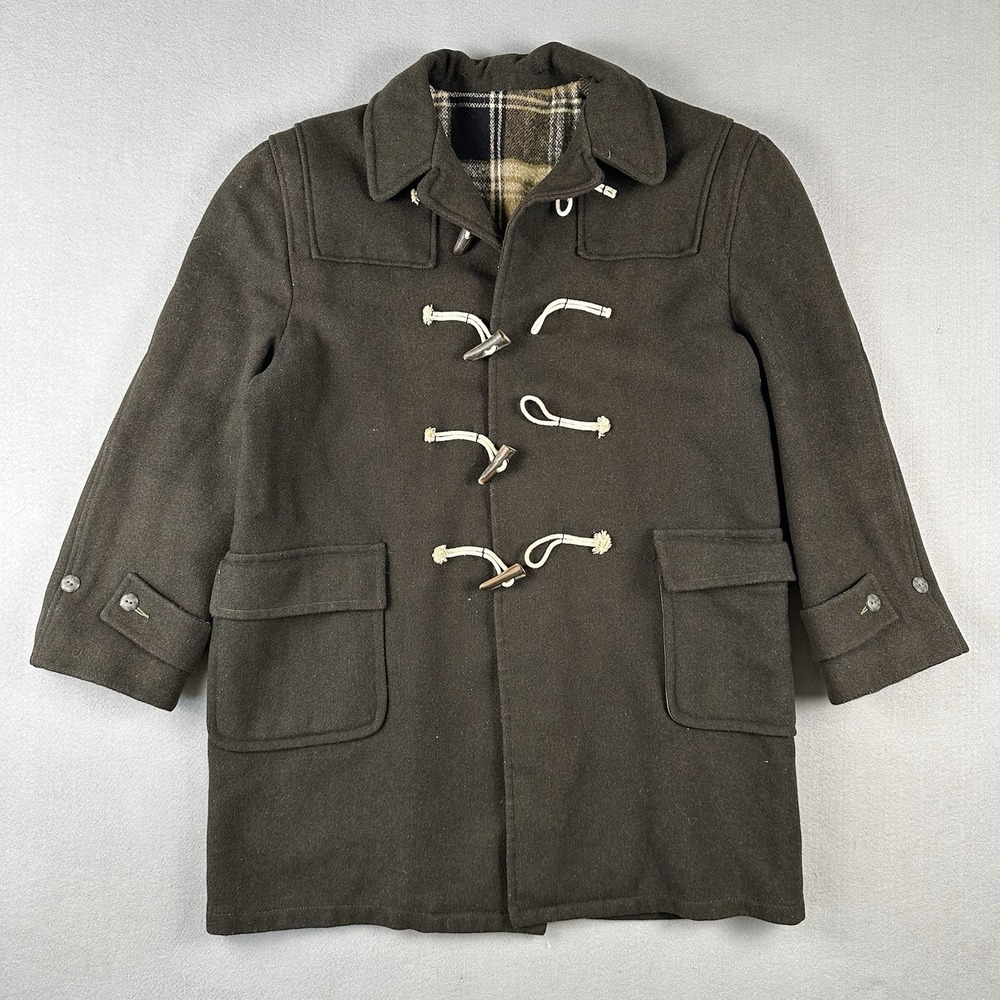 Vintage Unbranded Duffle Coat Men's 50 Dark Green Plaid Wool Toggle‎